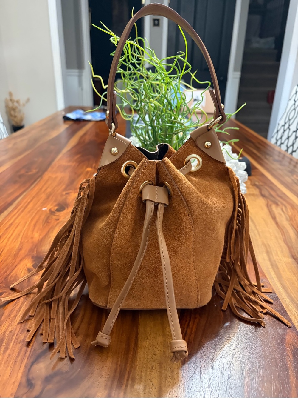 Anna Paola made in Italy fringe  Suede Mini Bucket Bag in Brown